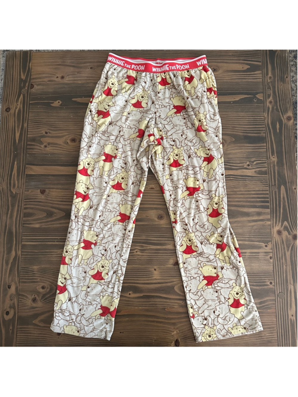 Womens Winnie the Pooh Pajama Pants S Cozy Cute Lounge Beige Red Disney